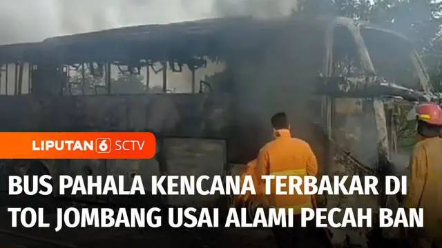 Bus Pahala Kencana terbakar di jalan tol Astra Jombang-Mojokerto, Km705 A, Rabu pagi. Dari penyelidikan awal, bus terbakar berawal dari pecah ban.