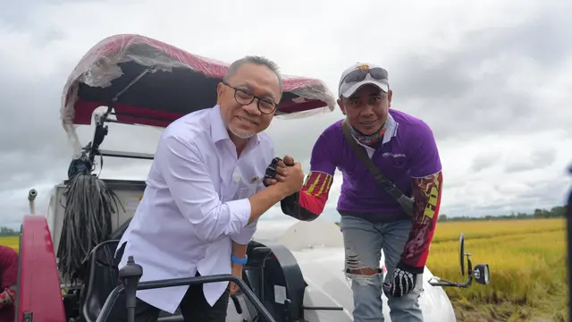 Menteri Koordinator (Menko) Bidang Pangan Zulkifli Hasan (Zulhas) saat melakukan Kick Off Panen Raya di Seri Menanti, Banyuasin, Sumatera Utara, Senin (13/1/2025).