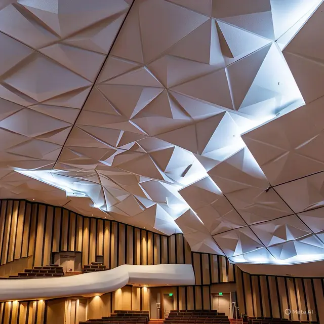 Desain Plafon PVC Aula dengan Panel Geometris