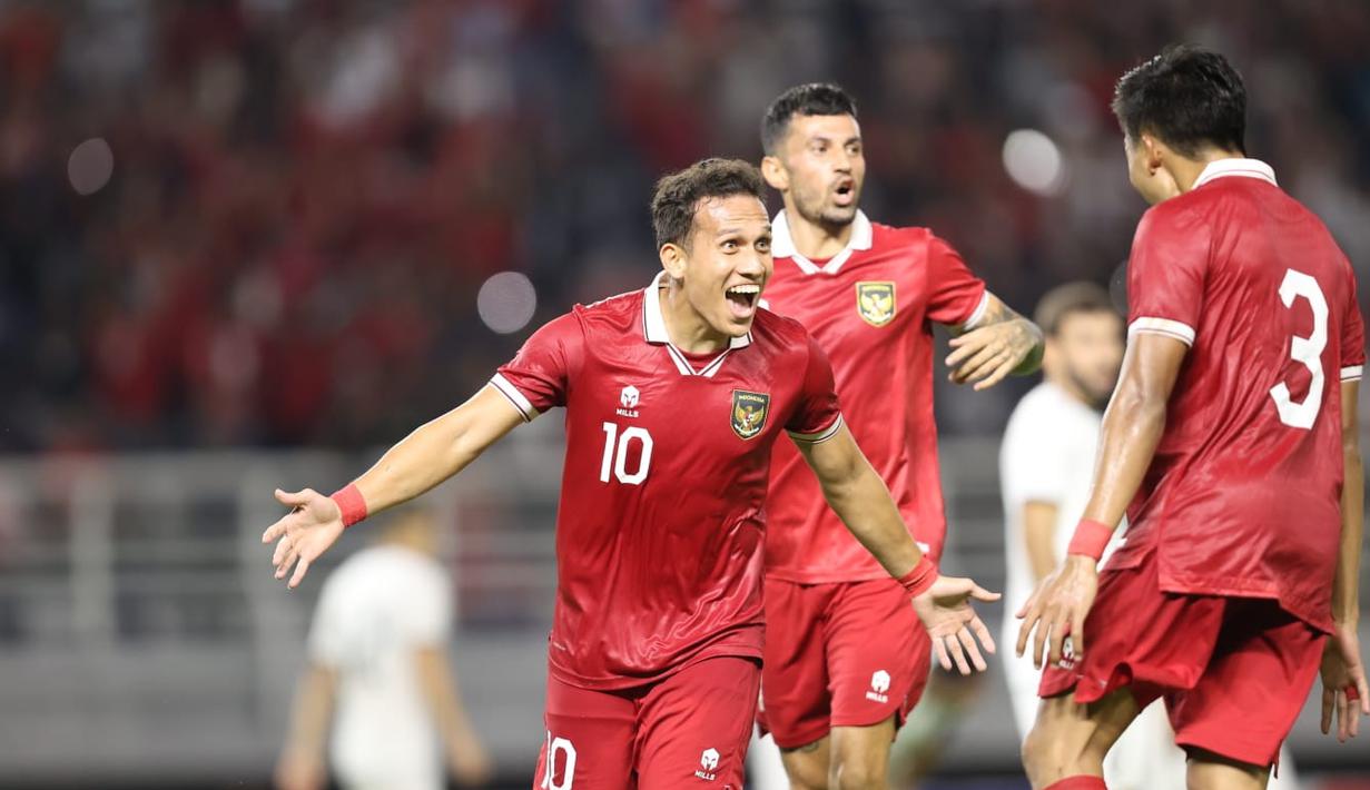 Pemain Timnas Indonesia Egy Maulana Vikri merayakan gol yang dicetaknya ke gawang Turkmenistan pada FIFA Matchday di Gelora Bung Tomo, Jumat (8/9/2023). (FOTO: Dok PSSI)