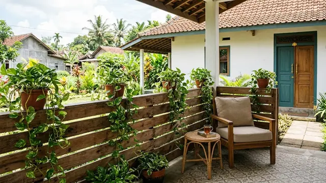 Ide Teras Rumah dengan Sirih Gading dan Pagar Kayu yang Desainnya Estetik Penggugah Kenyamanan