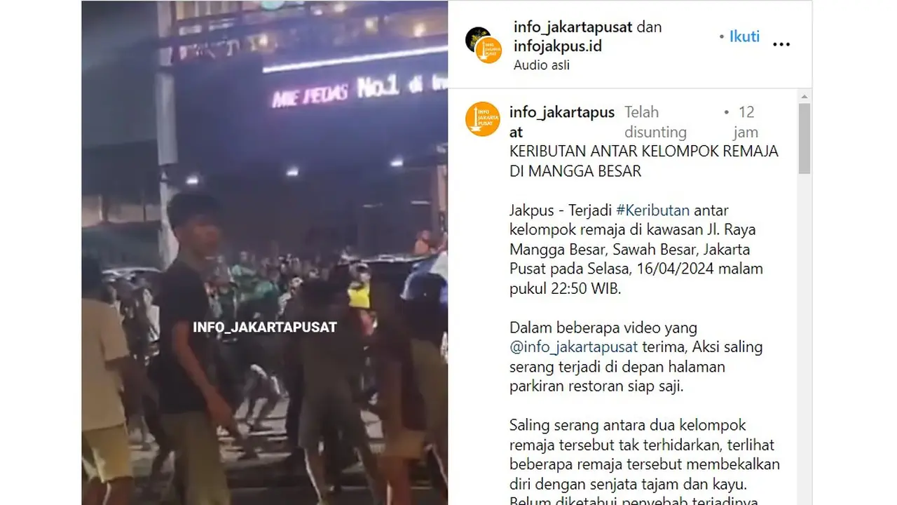 Viral Keributan Antar-Kelompok Pemuda di Depan Resto Mie Pedas Kawasan Sawah Besar Jakpus