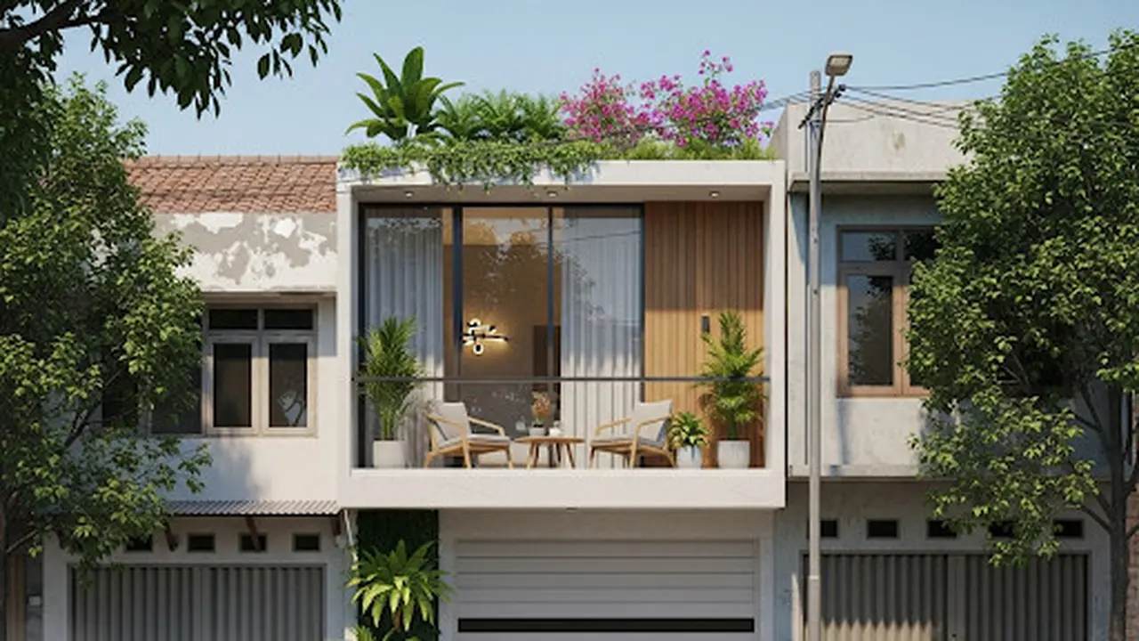 Desain Rumah 4x8 dengan Garasi di Bawah Balkon