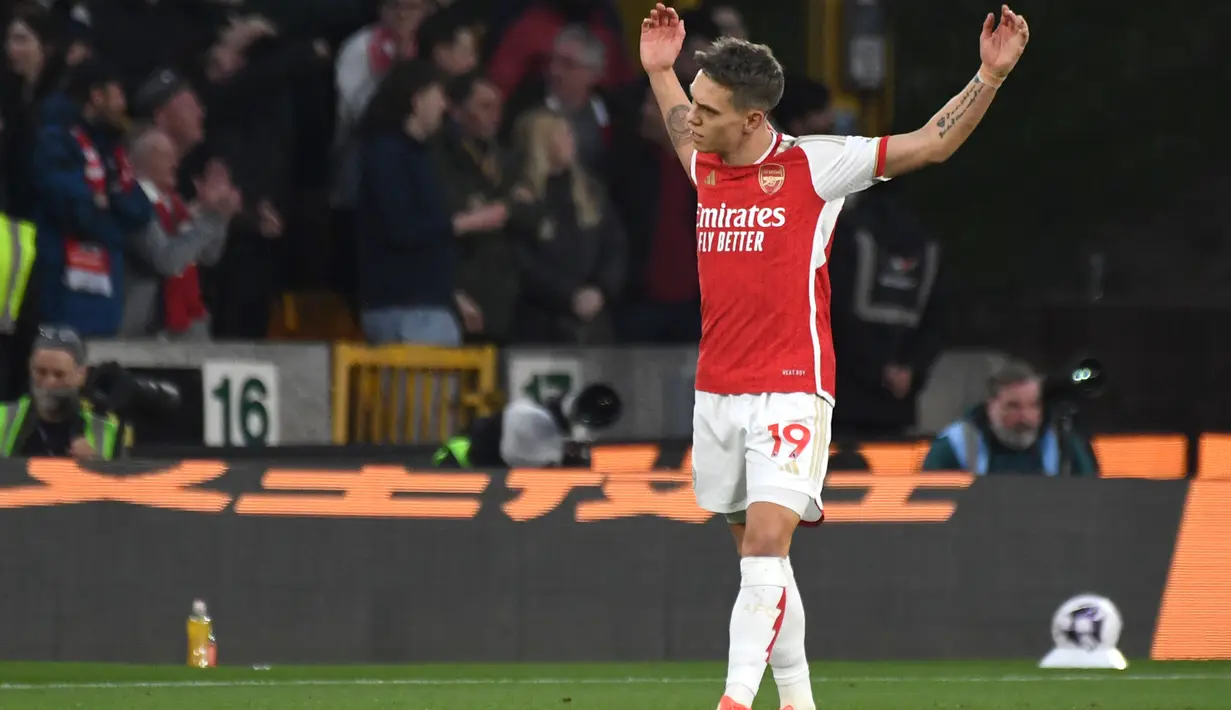 Jelang turun minum, pada menit ke-45 Leandro Trossard membuka kemenangan untuk Arsenal atas Wolverhampton. (AP Photo/Rui Vieira)