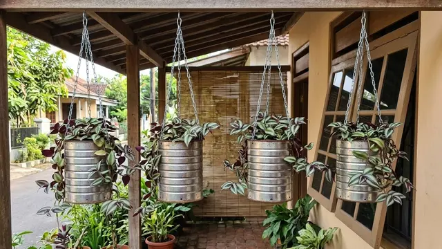 Ide Kaleng Susu Bekas Jadi Pot Tanaman Hias Model Gantung Rantai untuk Tradescantia