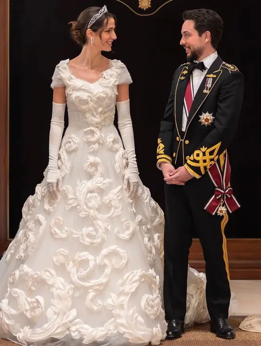 Rajwa tampil elegan dalam ballgown putih dari koleksi Dolce & Gabbana Alta Moda.  [Foto: IG/queenrania/beautyinsideout.v].