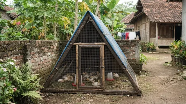 Model kandang ayam broiler sederhana untuk usaha rumahan model segitiga di sudut halaman