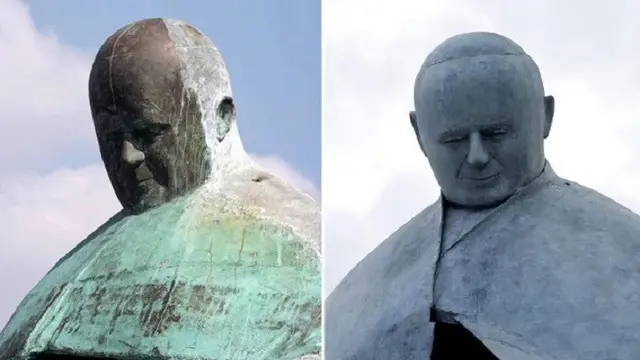Patung Paus John Paul II sebelum dan sesudah diperbaiki (AP)