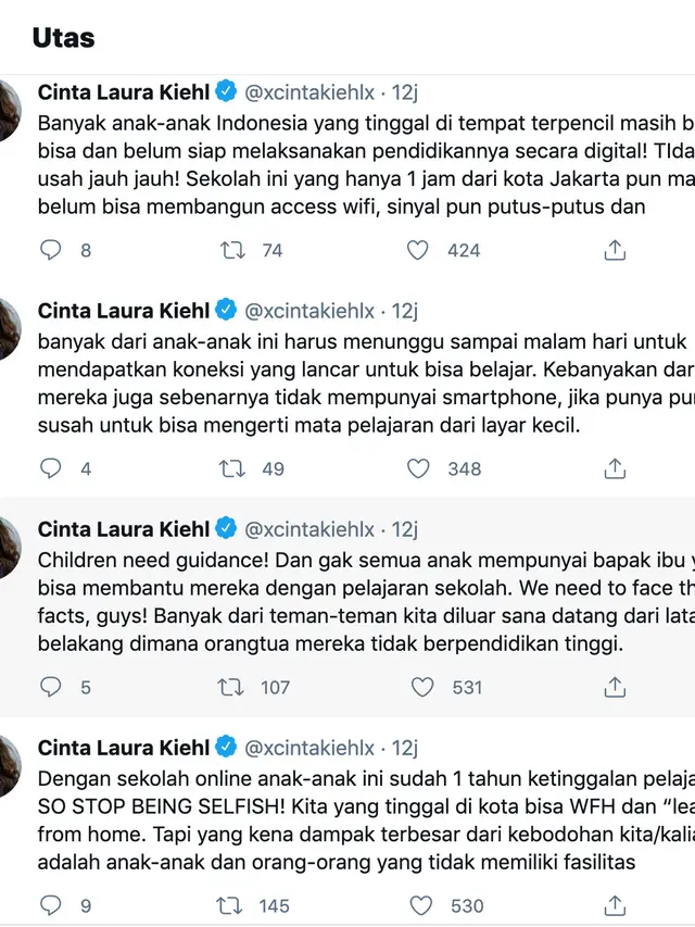 Unggahan Cinta Laura. (Foto: Dok. Twitter @xcintakiehlx)