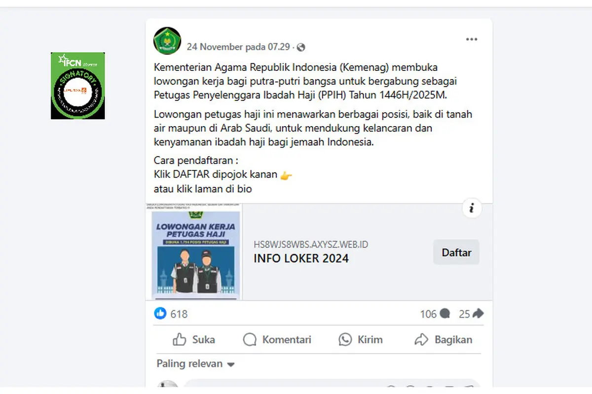 Tangkapan layar klaim link pendaftaran lowongan kerja untuk petugas penyelenggara ibadah haji 2025