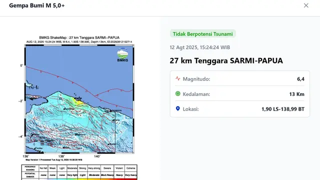 Gempa hari ini, Selasa (12/8/2025) pada pukul 15:24:24 WIB, lindu menggetarkan wilayah Sarmi, Provinsi Papua.