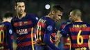 Neymar  menyumbangkan satu golsaat timnya mengalahkan Arsena 3-1 pada leg kedua 16 besar liga Champions di Stadion Camp Nou, Barcelona, Kamis (17/3/2016) dini hari WIB. (AFP/Pau Barrena)