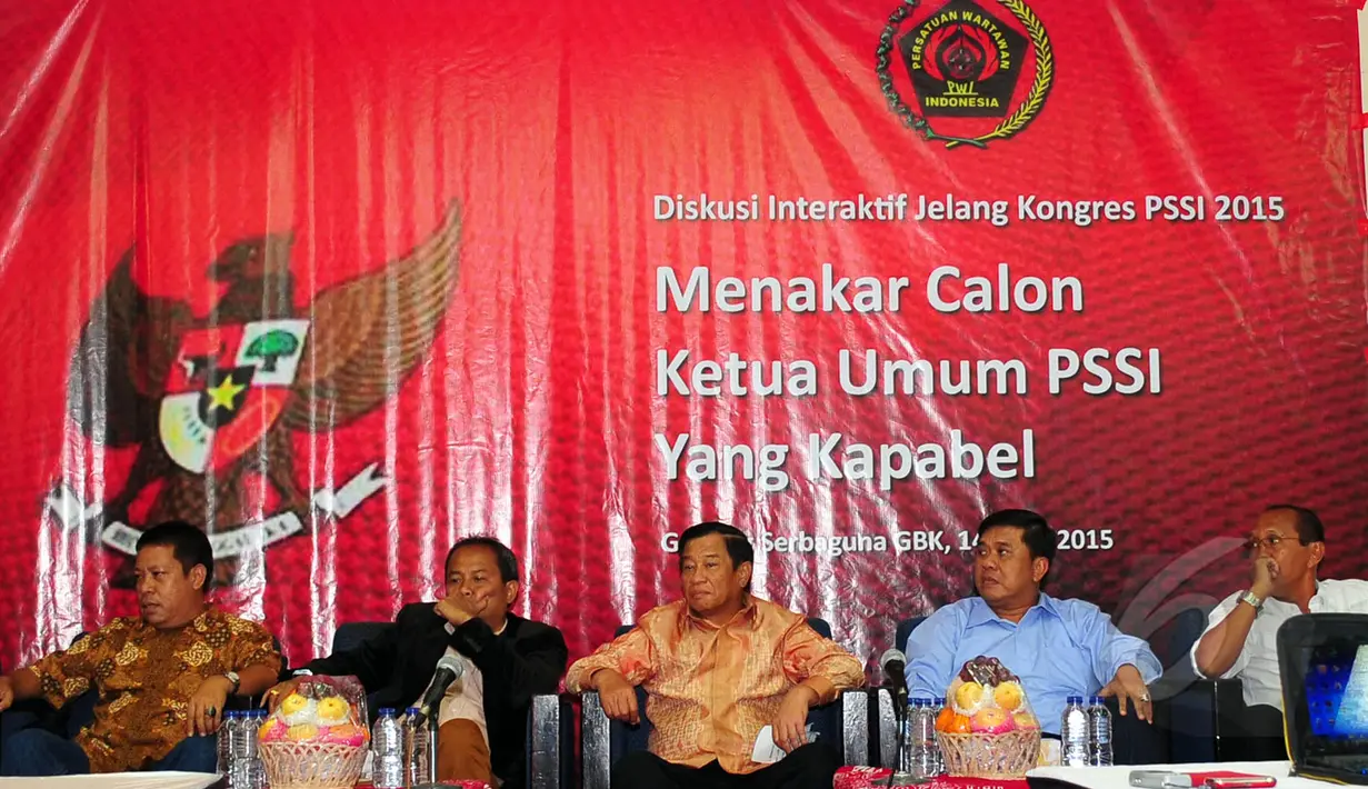 Jelang bergulirnya Kongres dan Pemilihan Ketua Umum PSSI 2015-2019, sebuah diskusi interaktif 'Menakar Calon Ketua Umum PSSI Yang Kapabel' digelar di Gedung Serbaguna, Senayan, Jakarta, Selasa (14/4/2015). (Liputan6.com/ Yoppy Renato)