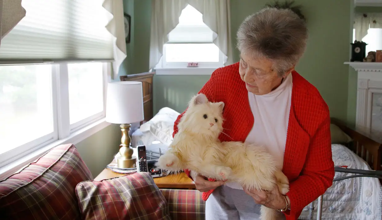 Mary Derr (93) menggendong robot kucing yang dipanggil "Buddy" di rumahnya, South Kingstown di Rhode Island, 1 Desember 2017. Robot kucing ini bisa bergerak, mengeong dan mendengkur seperti kucing hidup pada umumnya. (AP/Stephan Savoia)