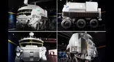 Foto kombinasi menunjukkan model dalam skala penuh dari kendaraan penjelajah bulan bertekanan berawak pertama di dunia yang akan digunakan dalam program eksplorasi bulan Artemis yang dipimpin oleh Badan Penerbangan dan Antariksa Nasional Amerika Serikat (NASA) pada 11 Juli 2025. (Kazuhiro NOGI/AFP)