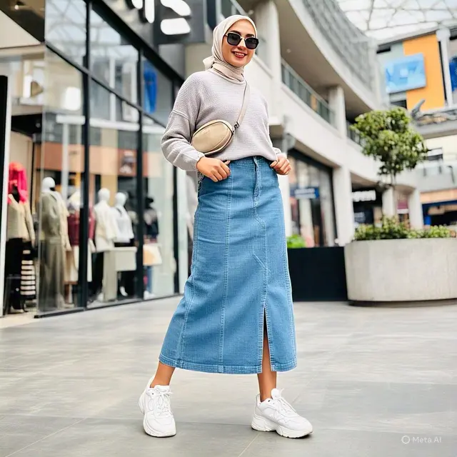 Outfit ke Mall Rok Denim Panjang dengan Sweater untuk Look Trendy