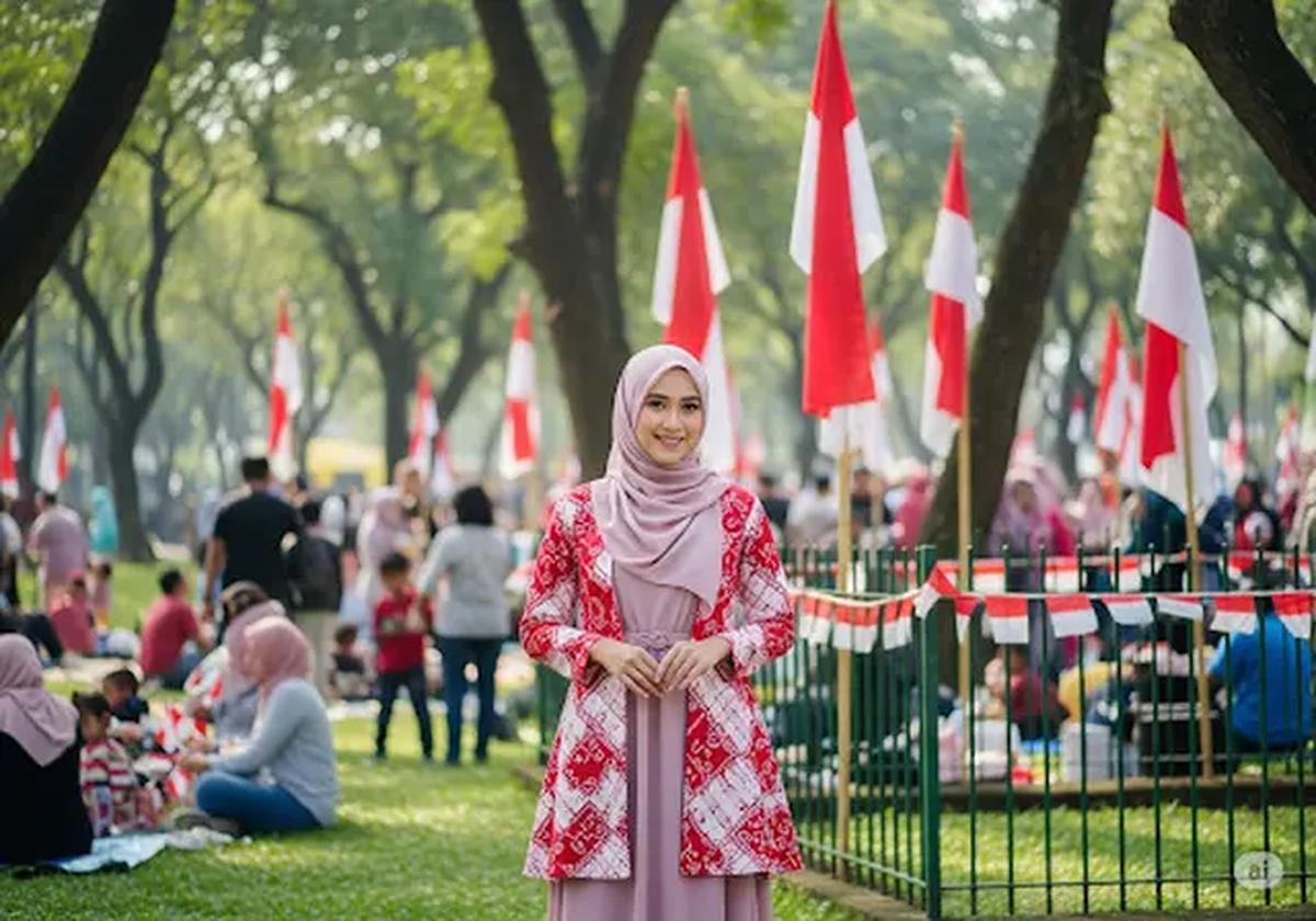 Dress Gamis dengan Outer Kombinasi Merah Putih/Outfit untuk Rayakan 17 Agustus (Sumber: gemini.com)