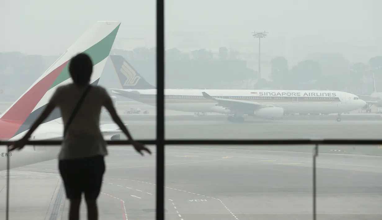 Kebakaran hutan yang terjadi di Riau menyebabkan Singapura terkena kabut asap, Selasa (29/9/2015). Badan Lingkungan Hidup Nasional Singapura meningkatkan level kabut asap menjadi sangat tidak sehat (REUTERS/Edgar Su)