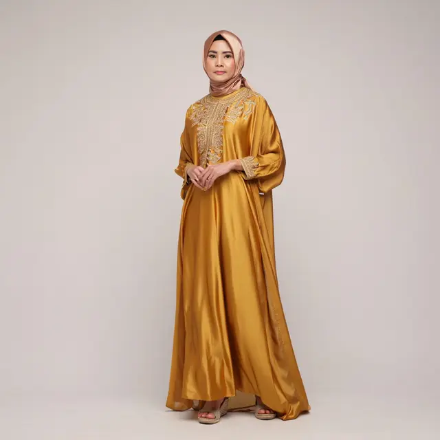Model Gamis Warna Gold Modern Untuk Ibu-ibu Usia 45 Tahun/Ilustrasi gambar oleh AI