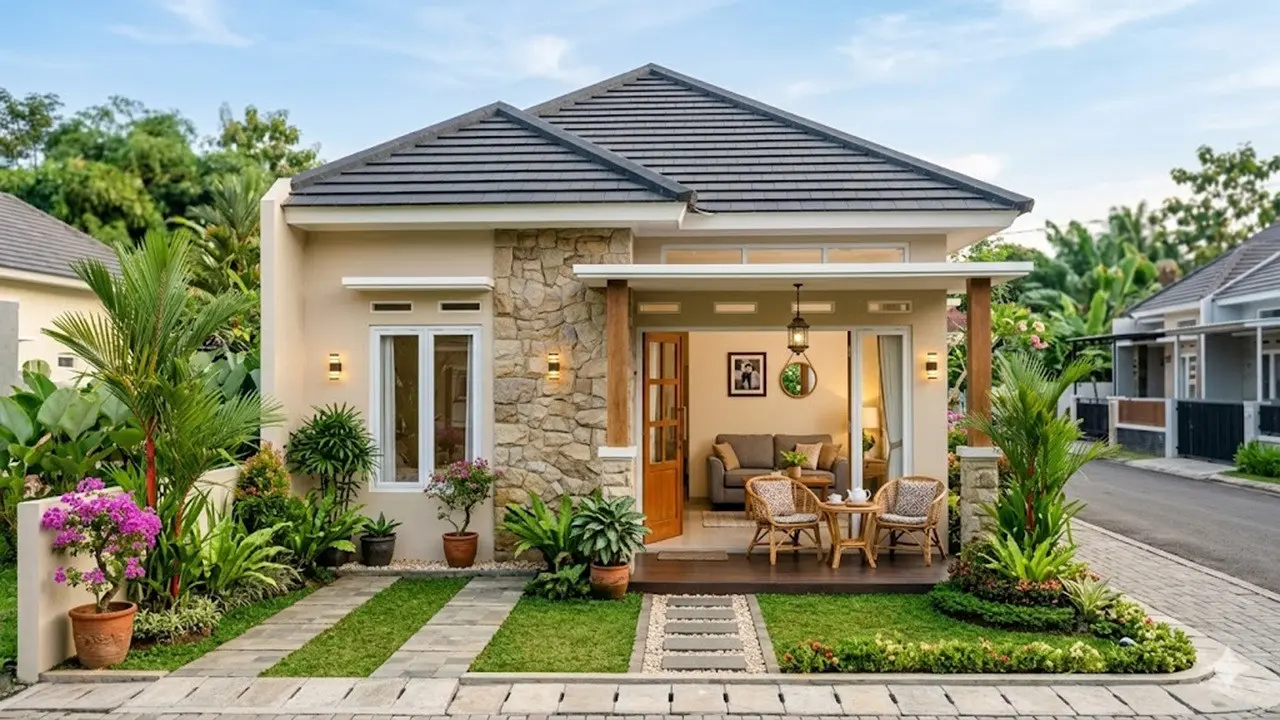 Contoh Rumah Kecil Type 36 dengan Halaman Depan dan Area Santai Keluarga