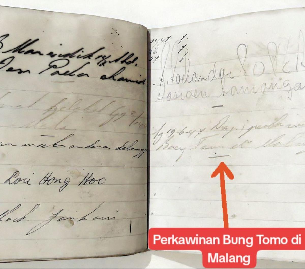 Kemudian juga berisikan catatan pernikahan Bung Tomo di Malang. "Perkawinan Bung Tomo di Malang,"<br>