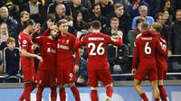 Para pemain Liverpool merayakan gol yang dicetak Mohamed Salah ke gawang Tottenham Hotspur, Senin (7/11/2022) dini hari WIB.