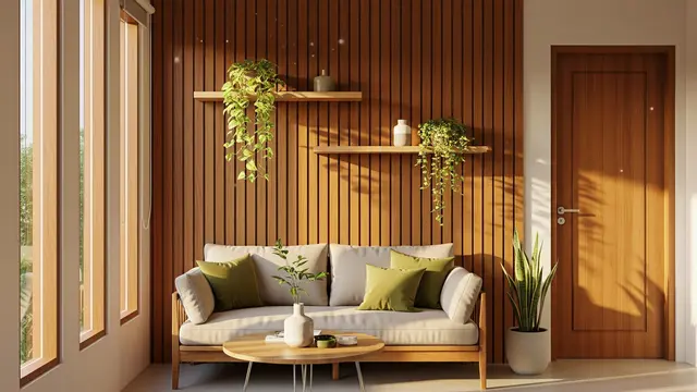 Dinding Aksen Kayu Vertikal dengan Rak Tanaman