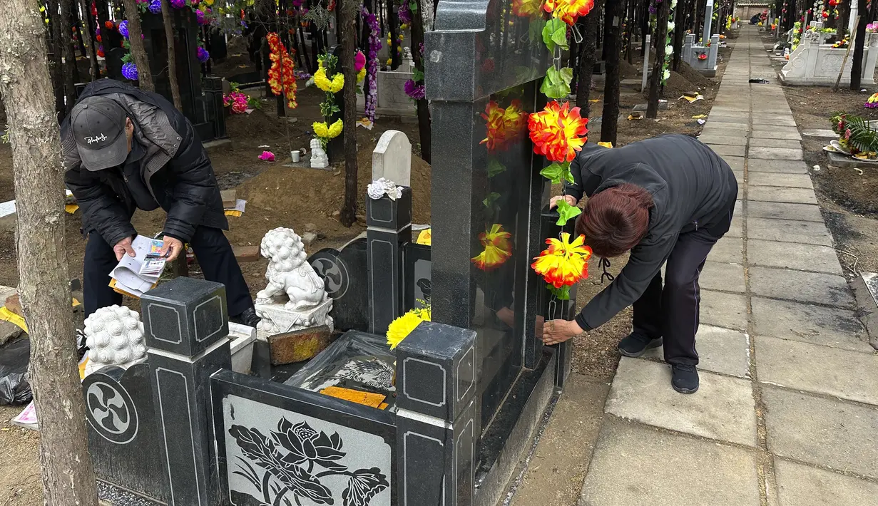 Festival Qingming yang juga dikenal sebagai Hari Pembersihan Makam ketika anggota keluarga mengunjungi kuburan leluhur mereka untuk membersihkan dan membakar persembahan. (AP Photo/Ng Han Guan)
