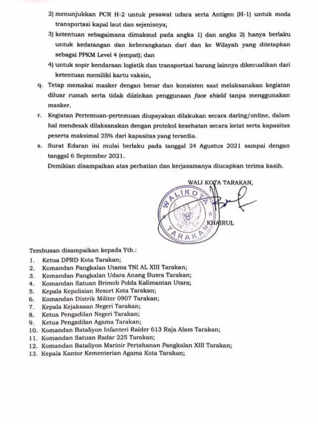 Wali Kota Khairul Perpanjang PPKM Level 4 di Kota Tarakan Hingga 6 September 2021