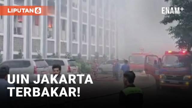 Kebakaran melanda lantai dua Gedung Rektorat Universitas Islam Negeri (UIN) Syarif Hidayatullah Jakarta di Ciputat, Tangerang Selatan, Senin pagi. Api diduga berasal dari korsleting listrik di stop kontak dalam ruangan.
