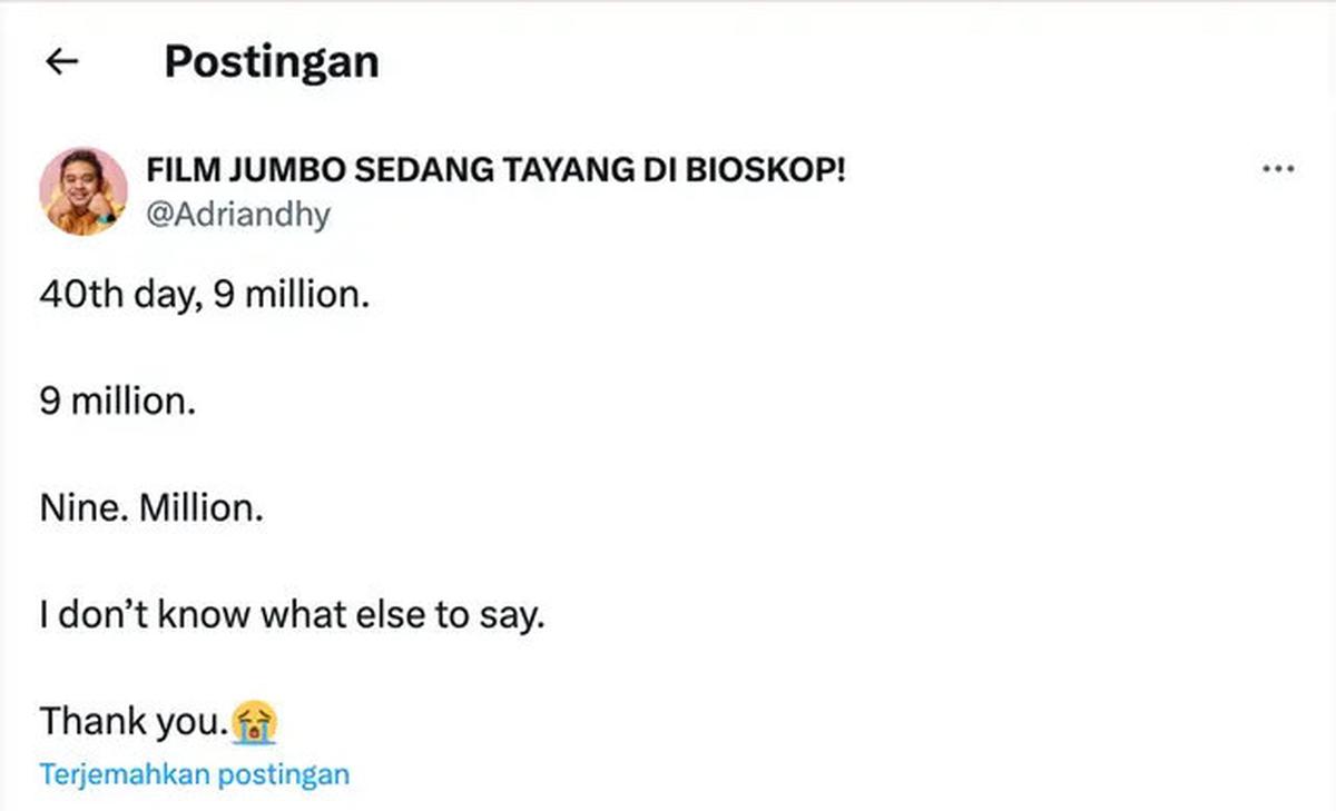 Film Jumbo Raih 9 Juta Penonton Setelah 40 Hari Edar di Bioskop, Begini Reaksi Sineas Ryan Adriandhy