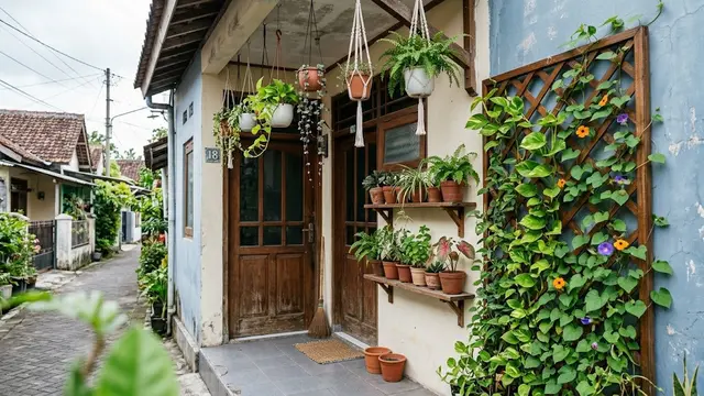 Teras dengan Vertical Gardening dengan Trellis dan Rak Dinding