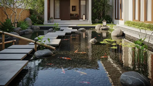 Desain Kolam Ikan Depan Rumah Minimalis (AI Generated)