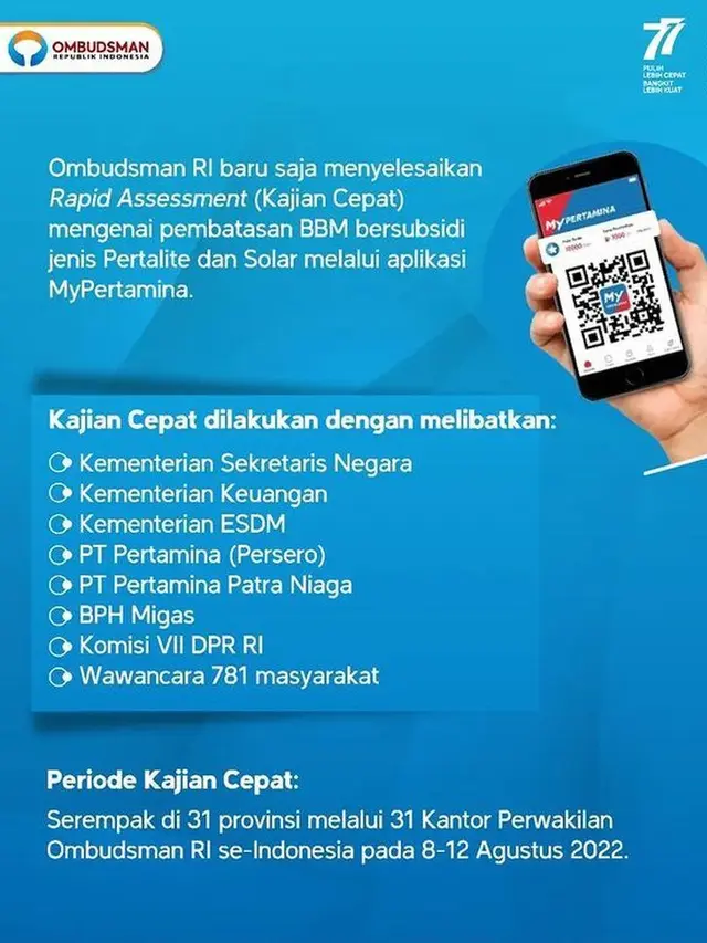 Ombudsman RI telah mengelesaikan Rapid Assessment atau Kajian Cepat terkait Pembatasan BBM Bersubsidi Melalui Aplikasi MyPertamina.