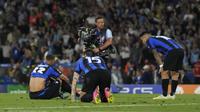 Reaksi kecewa para pemain Inter Milan setelah dikalahkan Manchester City pada laga final Liga Champions 2022/2023 di Ataturk Olympic Stadium, Istanbul (10/6/2023). (AP Photo/Antonio Calanni)