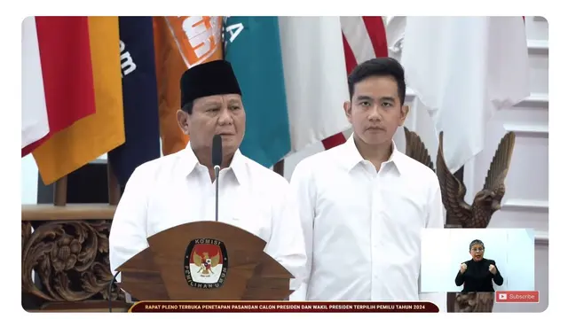 Prabowo Subianto didampingi Gibran Rakabuming Raka menyampaikan pidato usai resmi ditetapkan Komisi Pemilihan Umum Republik Indonesia (KPU RI) sebagai Presiden dan Wakil Presiden Terpilih 2024.