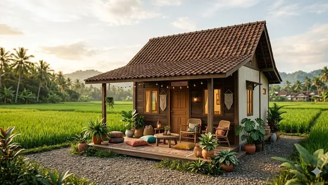 Inspirasi Rumah Desa Ukuran 6x9 dengan Teras Menghadap Sawah