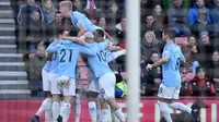 Para pemain Manchester City merayakan gol Riyad Mahrez ke gawang Bournemouth. (AFP/Glyn Kirk)