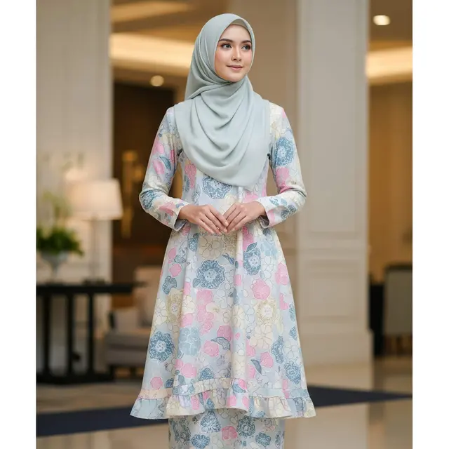 Model Gamis Batik Modern dengan Ruffle Minimalis di Bagian Hem