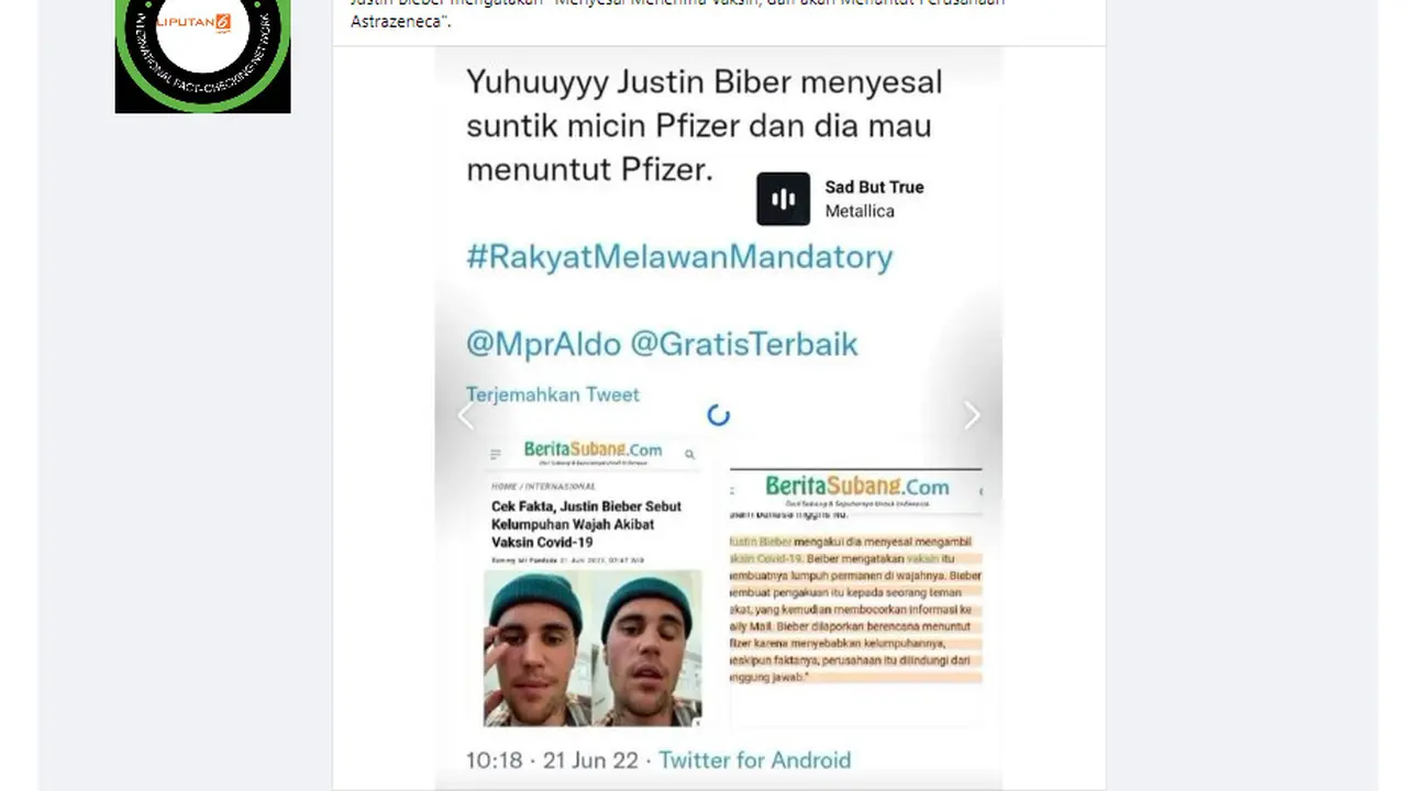 Tangkapan layar  klaim Justin Bieber  menyesal divaksin dan akan menuntut Astrazeneca dan Pfizer