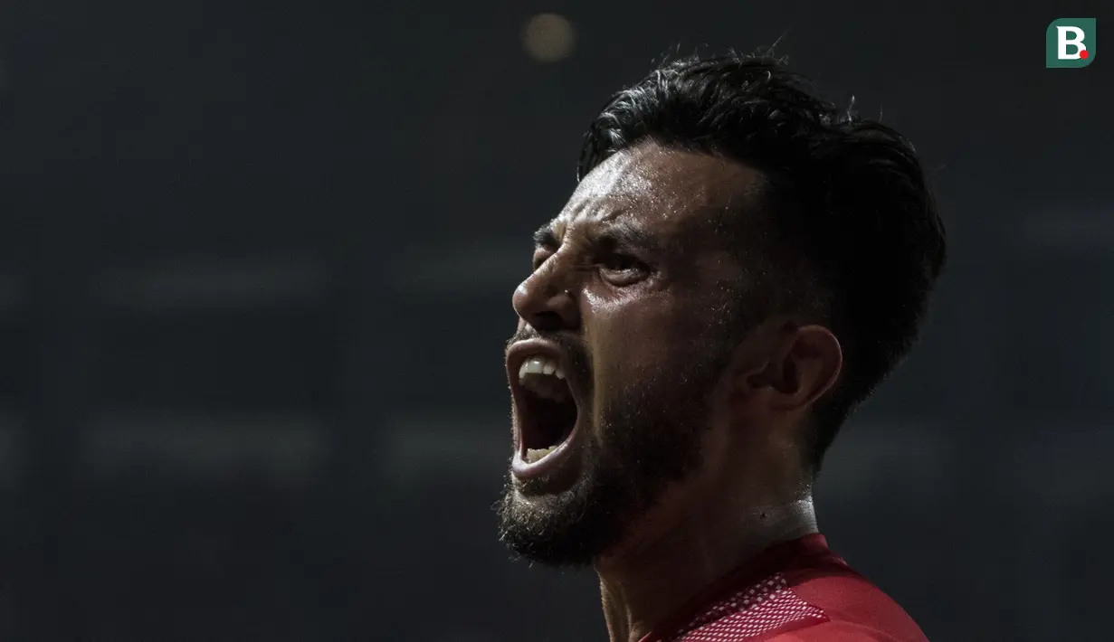 Gelandang Indonesia, Stefano Lilipaly, merayakan gol yang dicetaknya ke gawang Chinese Taipei pada laga Grup A Asian Games di Stadion Patriot, Bekasi, Minggu (12/8/2018). Indonesia menang 4-0 atas Chinese Taipei. (Bola.com/Vitalis Yogi Trisna)