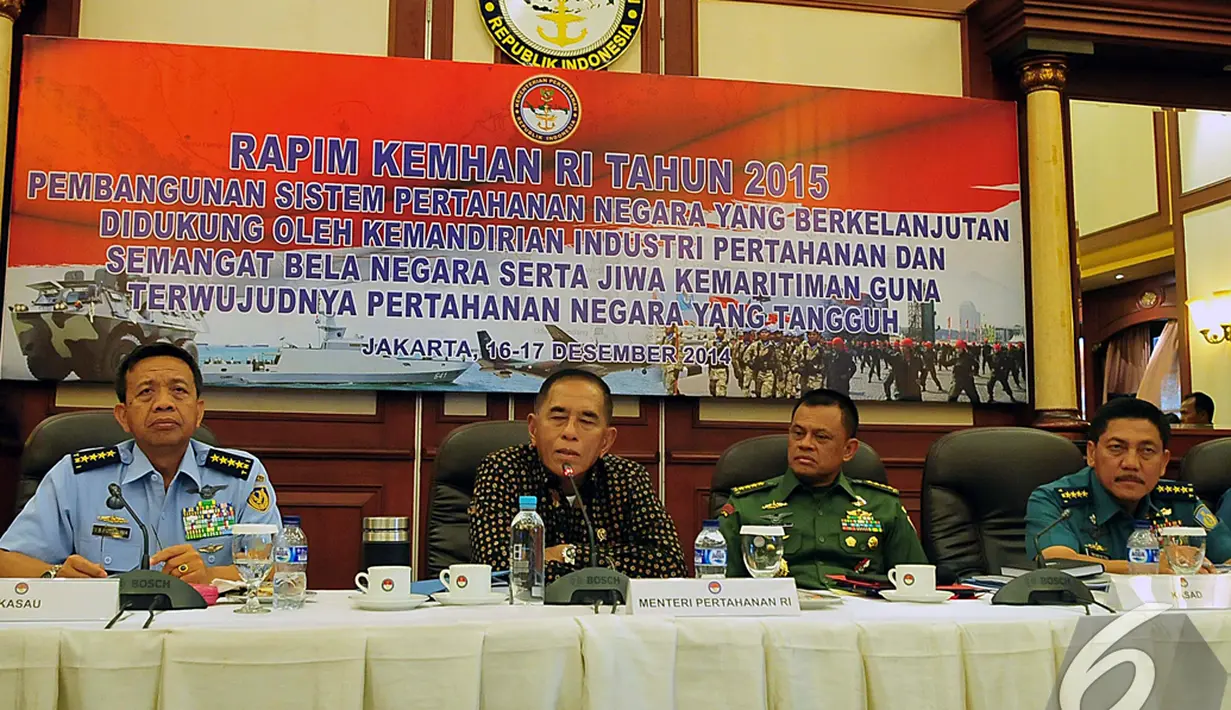 Suasana konferensi pers Rapim Kemhan 2015 di Kantor Kemhan Jakarta, Rabu (17/12/2014). (Liputan6.com/Johan Tallo)