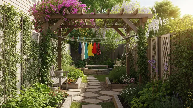 Kebun Mini dengan Pergola Kayu