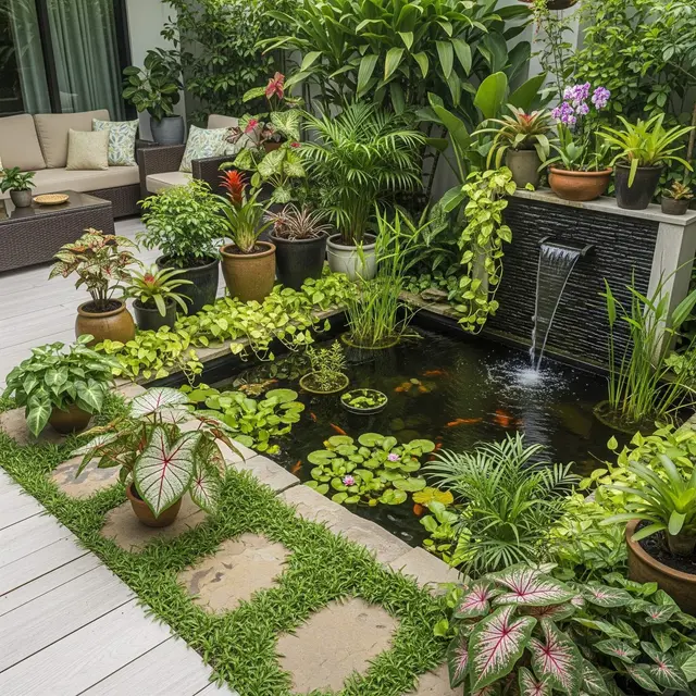 Ide Teras Rumah Luas dengan Kolam Ikan Mini di Sudut Depan