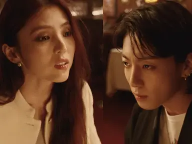 Ekspresi Han So Hee dan Jungkook BTS dalam teaser MV "Seven". (Foto: YouTube/ HYBE LABELS)
