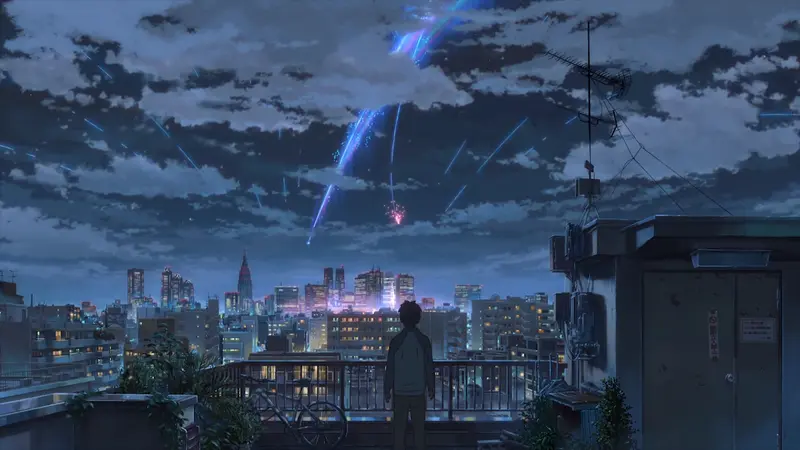 Adegan bintang jatuh di film Kimi No Nawa (Your Name) karya Makoto Shinkai.