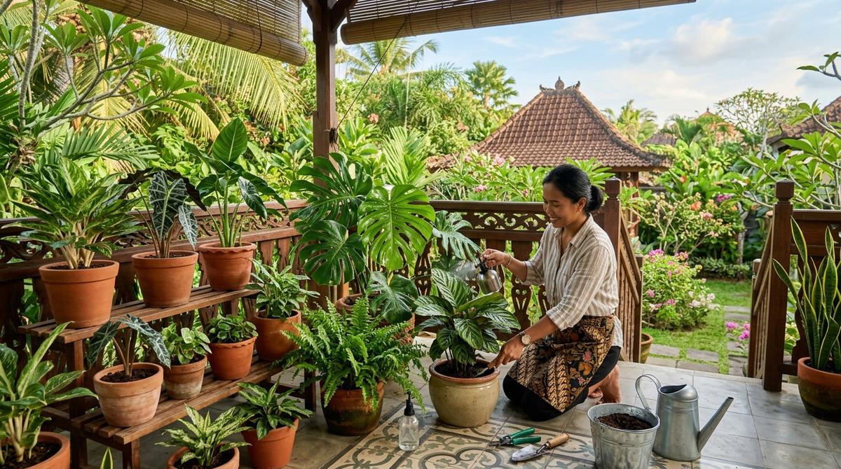 Cara Merawat Tanaman Hias agar Daun Tetap Segar dan Tidak Berserakan di Teras (AI Generated)
