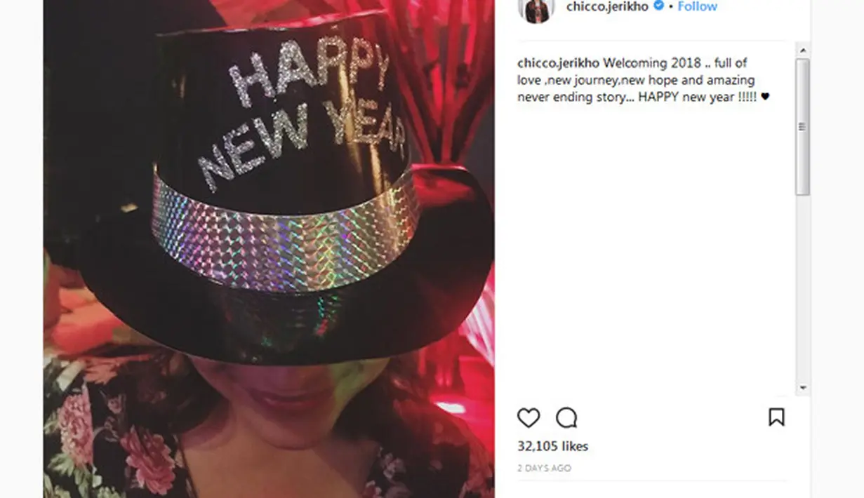 "Menyambut datangnya 2018.. Penuh dengan cinta, petualangan baru, harapan baru dan cerita luar biasa yang tidak ada ujungnya... Selamat tahun baru!!!!" tulis Chicco Jerikho di caption foto. (Instagram/chiccojerikho)