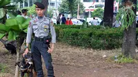 Anjing pelacak dari satuan unit K-9 yang memantau sidang lanjutan PHPU dari luar Gedung Mahkamah Konstitusi, Jakarta, Senin (18/8/14). (Liputan6.com/Miftahul Hayat)