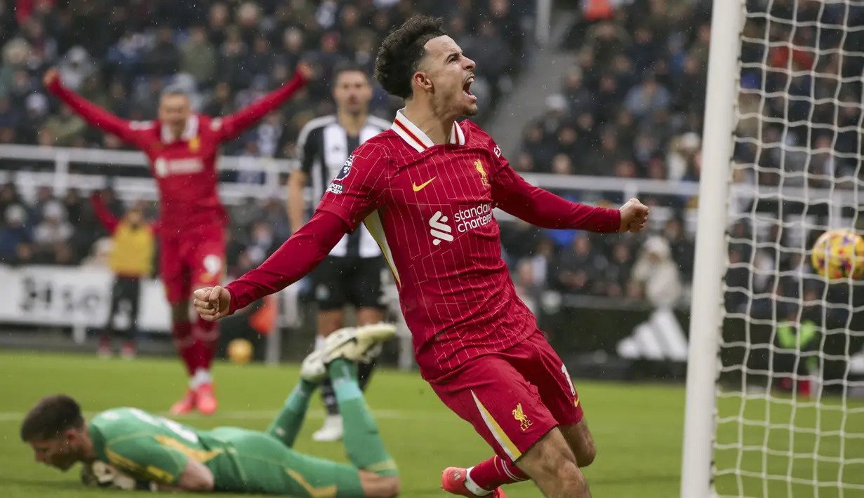 Pemain Liverpool, Curtis Jones merayakan gol penyeimbang 1-1 ke gawang Newcastle pada laga lanjutan Liga Inggris 2024/2025 di St James Park Stadium, Newcastle, Inggris, Kamis (05/12/2024) WIB. (AP Photo/Ian Hodgson)